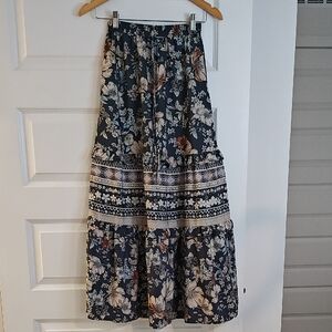 Boho NWT Navy Floral Tiered Maxi Skirt XS | Ruffle Detail | Spring Summer